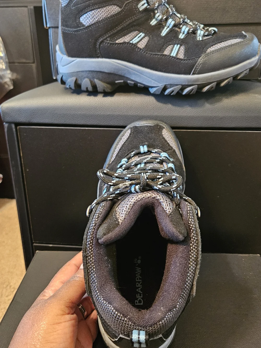 BearPaw Women's Black and Gray Hiking Mid Boot with Light Blue Accents